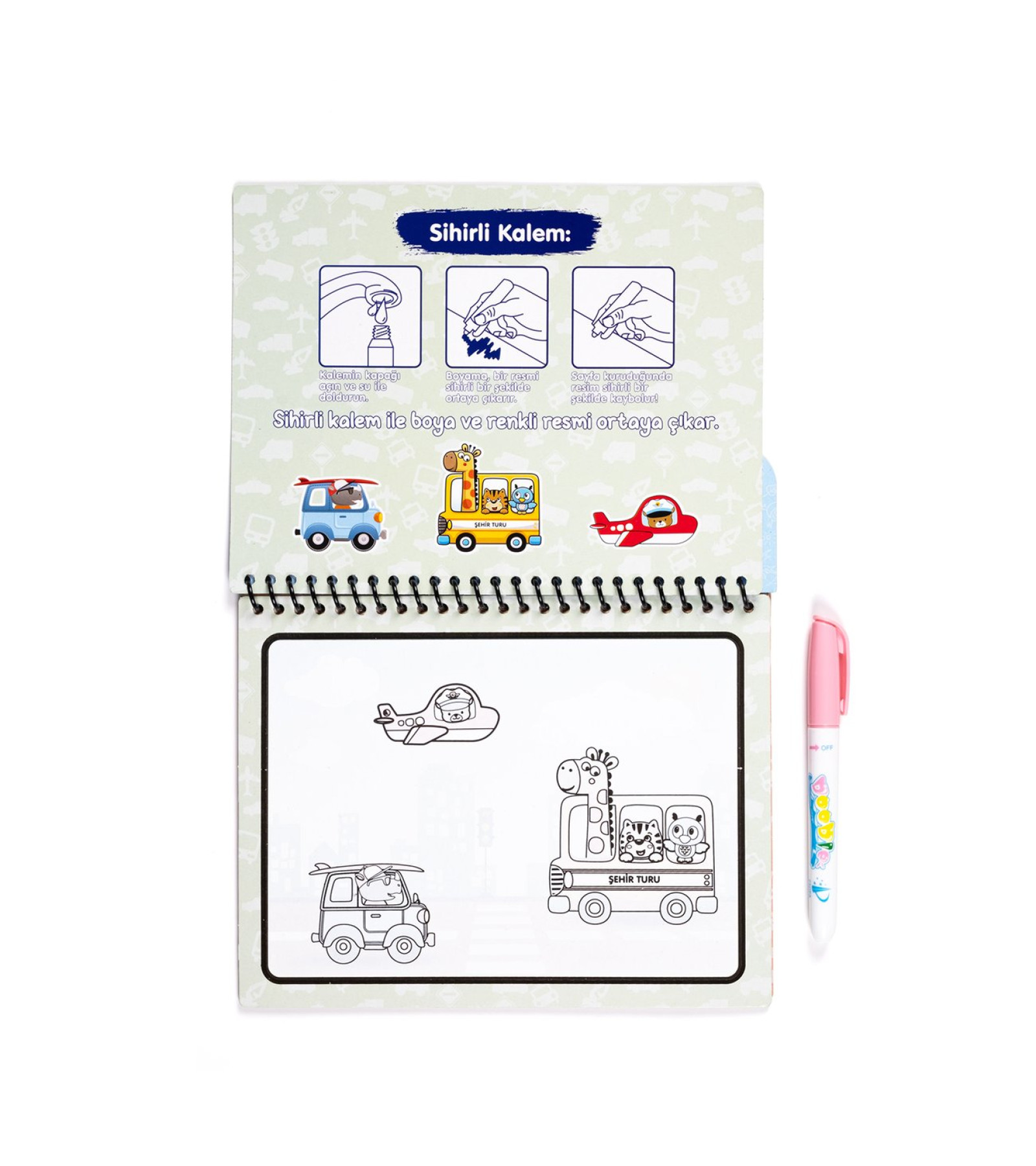 Pedagog Onaylı Sihirli Boyama Kitabı Taşıtlar Araçlar Özel Sulu Kalem ile Magic Water Painting