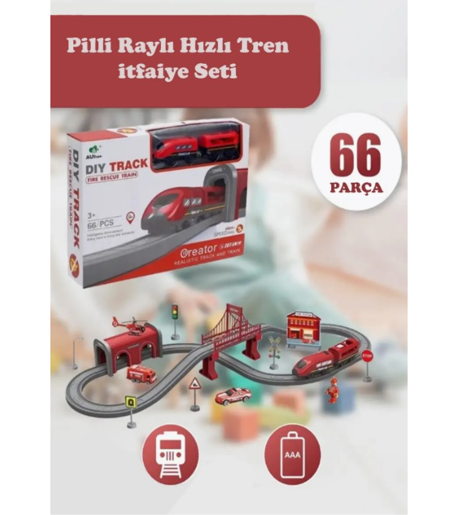 66 Parça 4 Arabalı Raylı Pilli Oyuncak Hızlı Tren Seti Demiryolu İtfaiye İstasyonu