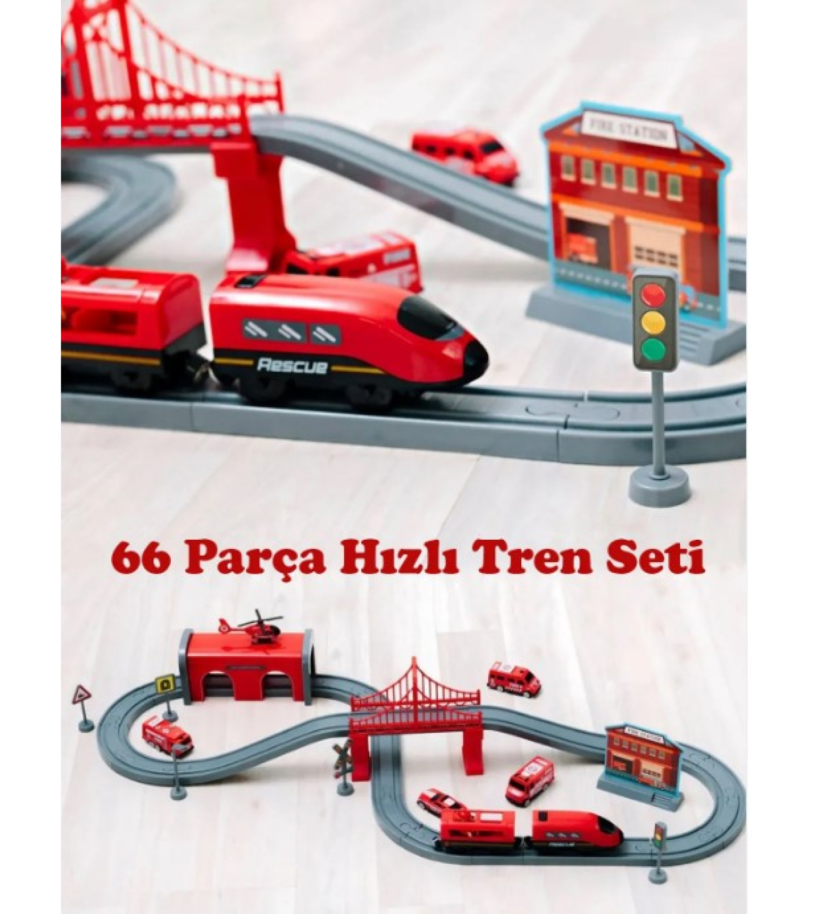 66 Parça 4 Arabalı Raylı Pilli Oyuncak Hızlı Tren Seti Demiryolu İtfaiye İstasyonu