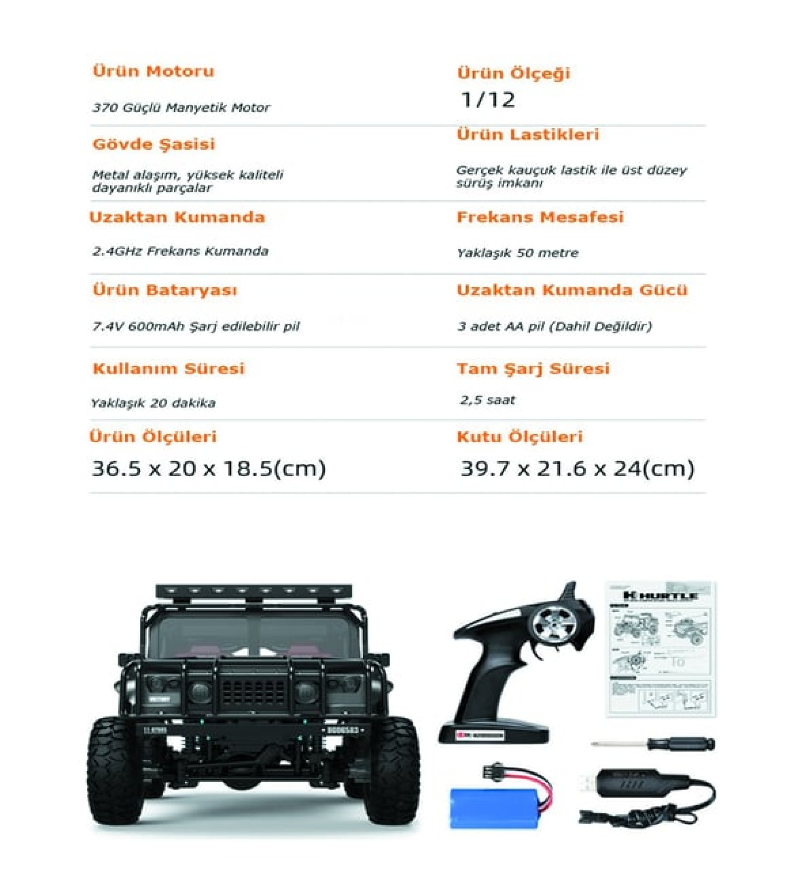 H1 Hurtle Metal 1:12 2.4GHz Uzaktan Kumandalı 4WD RC Off Road Model Araba