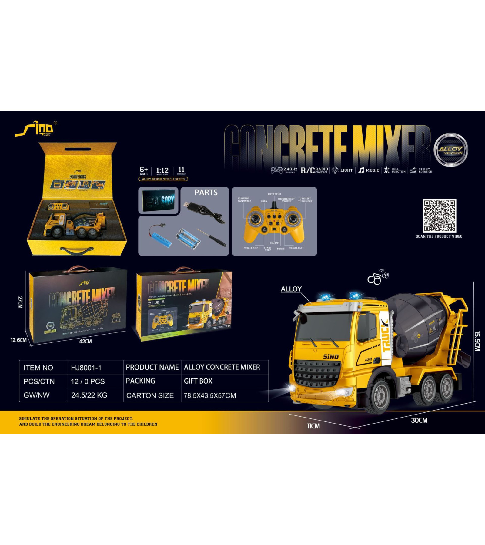 1:12 2.4 Ghz RC Mikser Alaşım Mühendislik Model Araç Müzikli Işıklı
