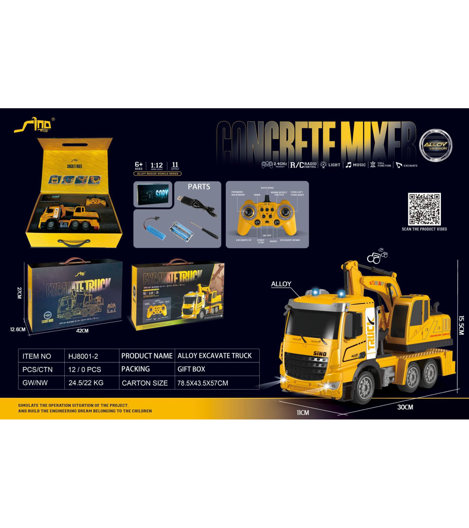 1:12 2.4 Ghz RC Ekskavatör Vinç Alaşım Mühendislik Model Araç Müzikli Işıklı